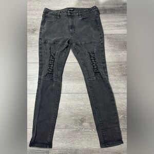 men black denim skinny jeans pants 38 ripped torn distressed fn